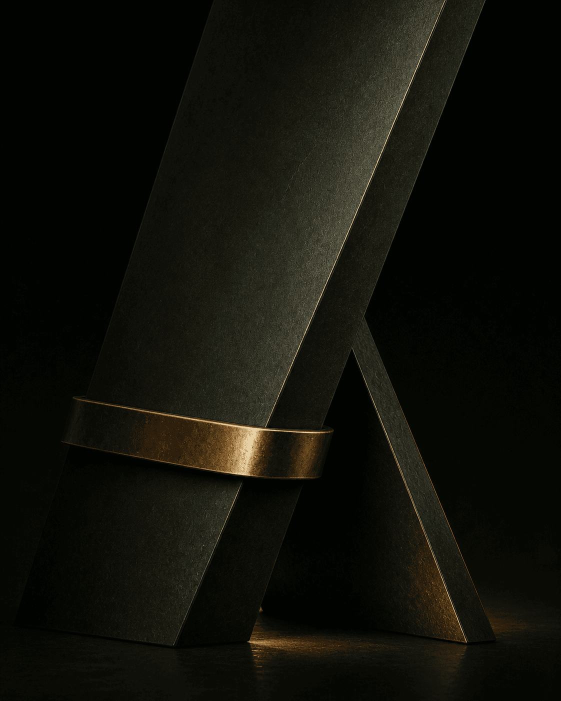 Estructura abstracta de metal verde oscuro rodeada por una banda de latón